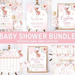 Bewerkbare Oh Deer meisje babyshowerbundel, herten babyshowerset, Oh Deer meisje babyshowerbundel herten babyshower tuin aquarel roze hert