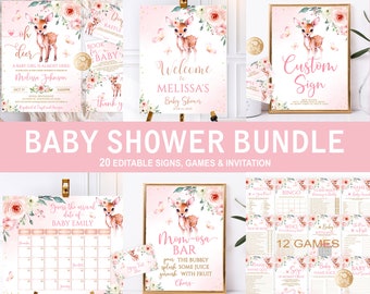 Editable Oh Deer Girl Baby Shower Bundle, Deer Baby Shower Set, Oh Deer Girl Baby Shower Bundle Deer Baby Shower Garden Watercolor Pink Deer