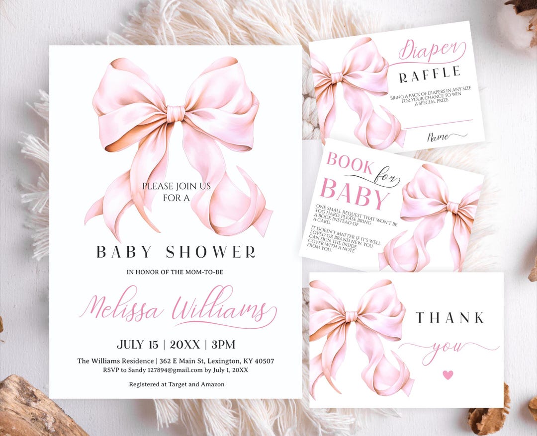 Editable Pink Bow Set Baby Shower Invitation Girl Bow Watercolor Baby ...