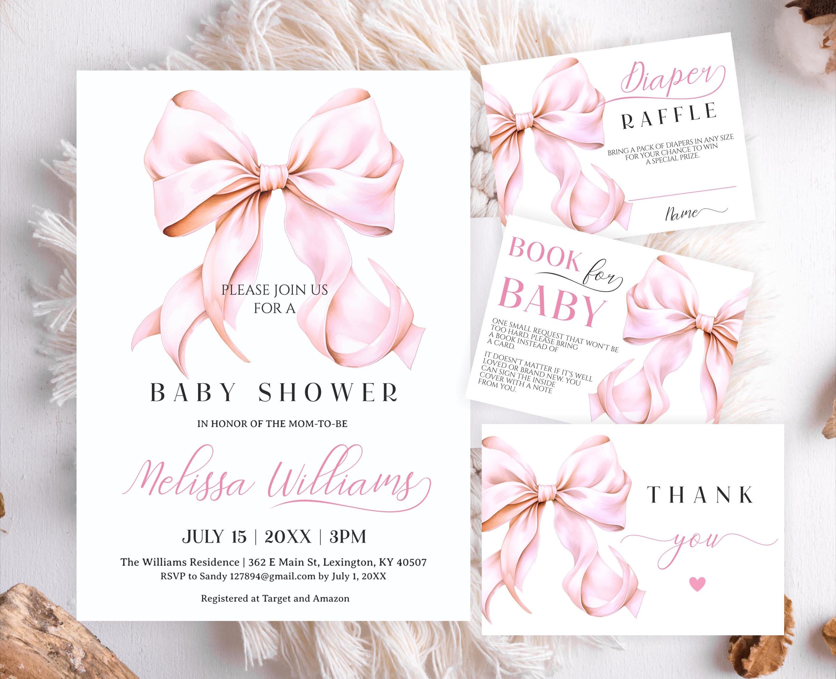 Editable Pink Bow Set Baby Shower Invitation Girl Bow Watercolor Baby ...