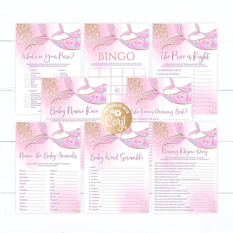 Mermaid Baby Shower Game Package8 Printable Pink Mermaid Baby Etsy