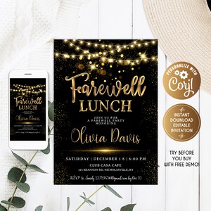 Golden Farewell Party Invitations, Farewell Lunch Invitations, Farewell ...