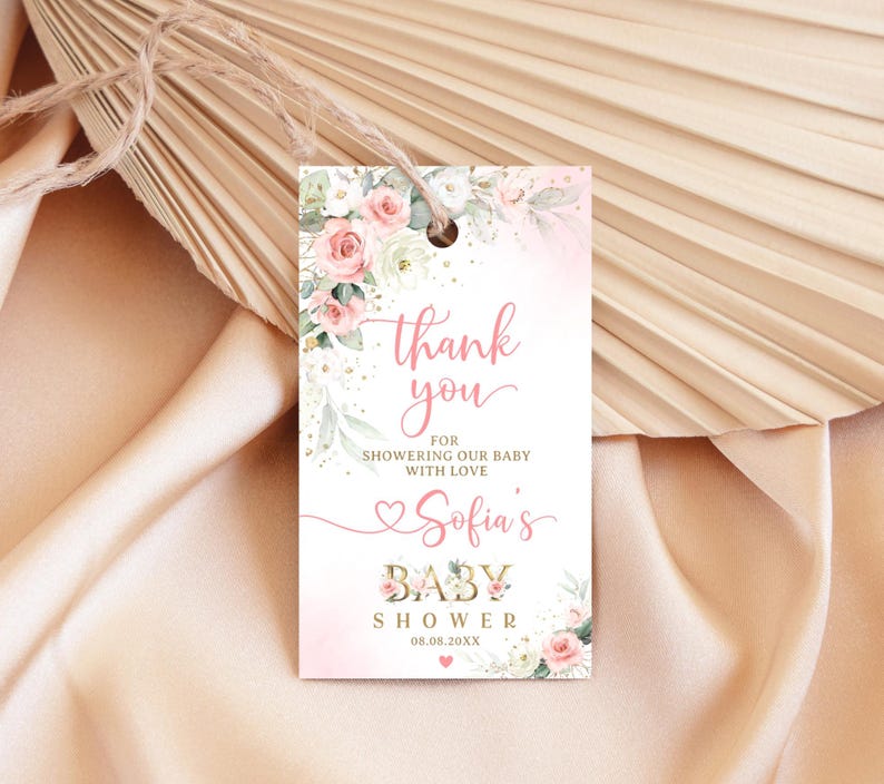 Editable Girl Blush Pink Rose Baby Shower Thank You Tags Favor Tags ...