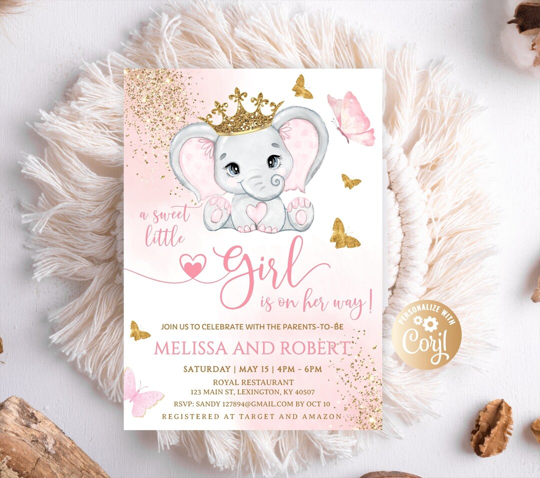 Editable Girl Elephant Baby Shower Invitation, Girl Pink Baby Elephant ...