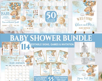 Editable Bear Blue Baby Shower Bundle, Baby Shower Bundle Boy, Bear Blue Gold Baby Shower Invitation for Boy Set, Bear with Balloons Bundle