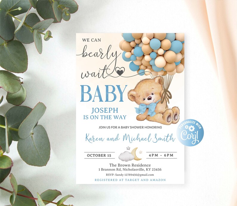 Bear Baby Shower Invitations, Editable We Can Bearly Wait Invites, Boy ...