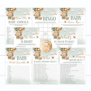 Editable Bear Baby Shower Game Package, 8 Printable Bear Green Balloons Baby Shower Games Party Pack, Bear Games Bundle Answers included