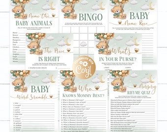 Editable Bear Baby Shower Game Package, 8 Printable Bear Green Balloons Baby Shower Games Party Pack, Bear Games Bundle Answers included