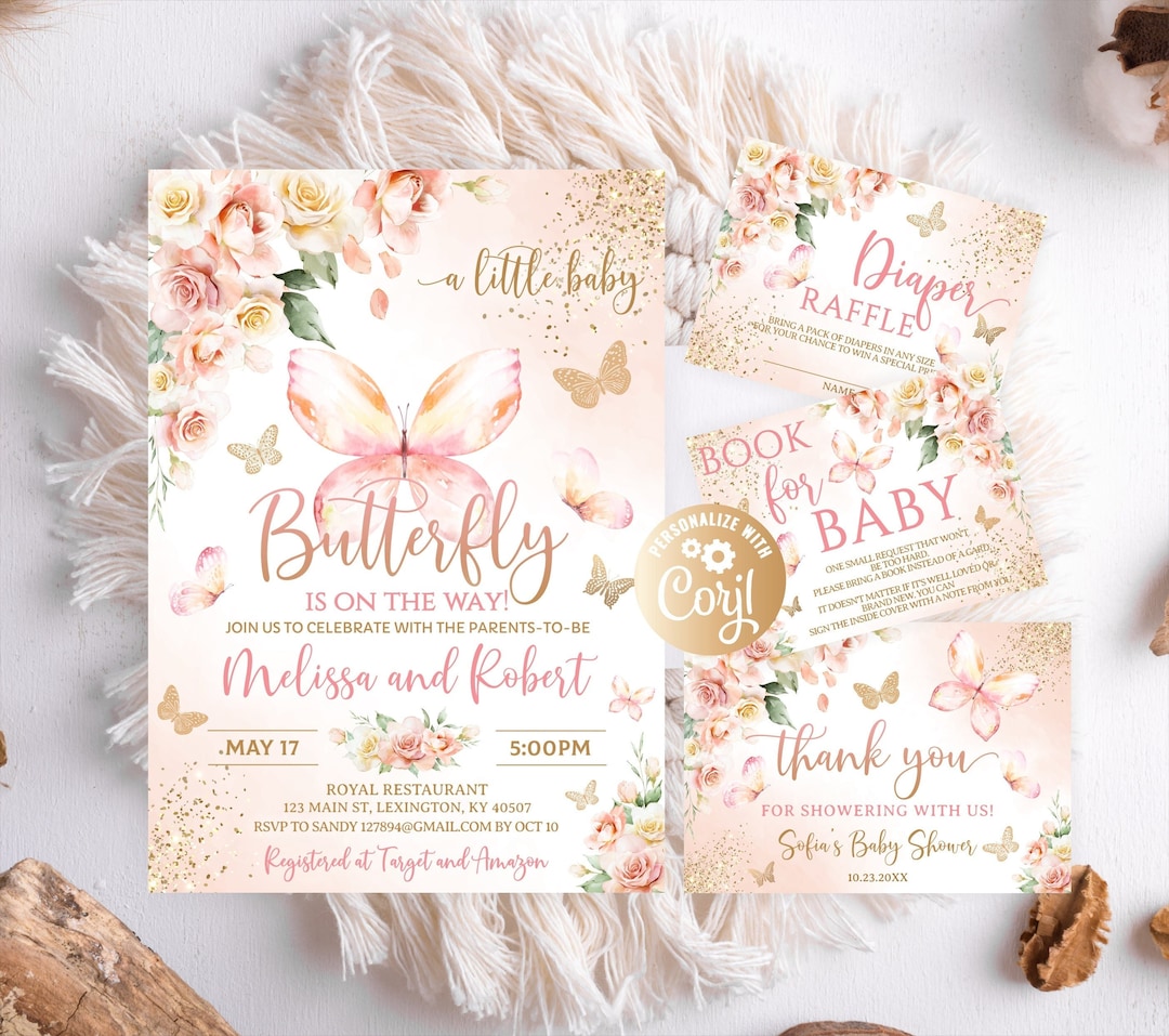 Set Butterfly Baby Shower Invitation, Bundle Pink Butterfly Baby Shower ...