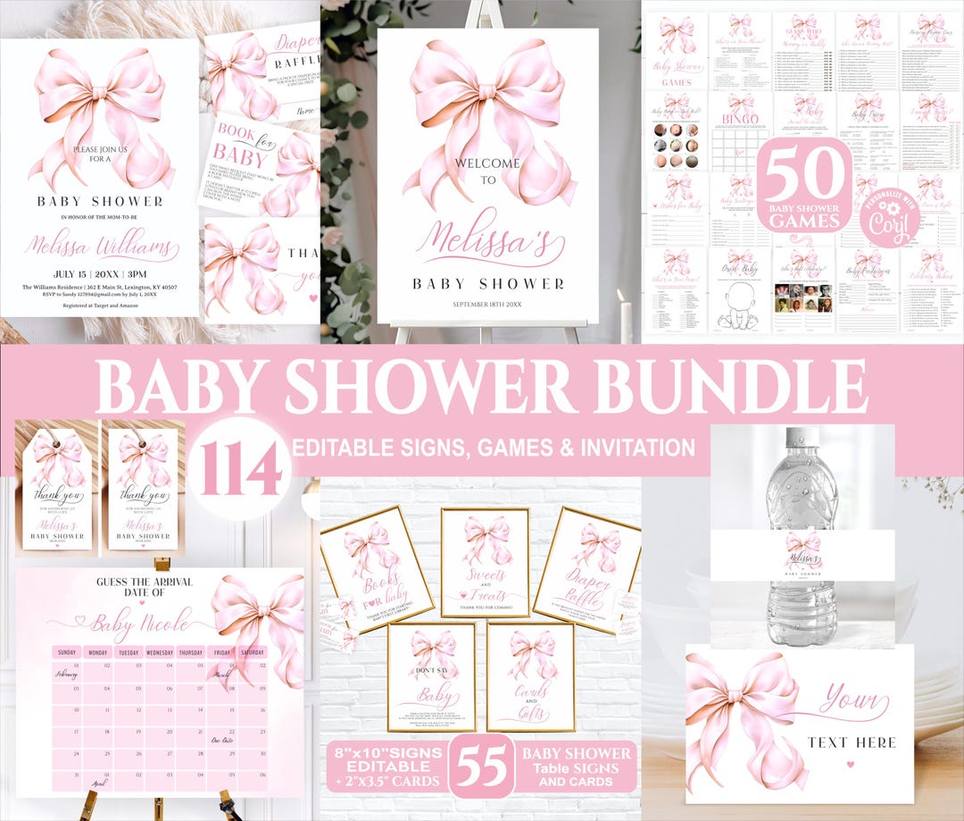 Editable Pink Bow Baby Shower Bundle, Girl Bow Baby Shower Bundle ...