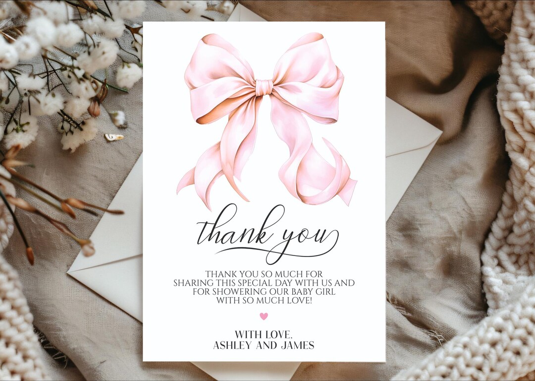 Editable Pink Bow Thank You Card, Pink Girl Bow Baby Shower Thank You ...