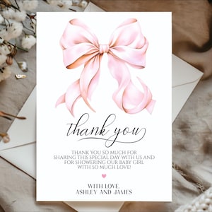 Tarjeta de agradecimiento con lazo rosa editable, tarjeta de agradecimiento con lazo rosa para baby shower, tarjeta de agradecimiento con lazo rosa para niña, tarjeta de agradecimiento con lazo rosa para baby shower, tarjeta de agradecimiento con lazo rosa de acuarela.