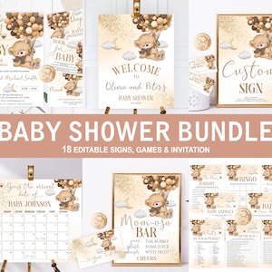 Editable Bear Baby Shower Bundle, Brown and Cream Bundle, Bear Baby Shower Invitation for Boy Set,Gold Bear with Balloons Baby Shower Bundle