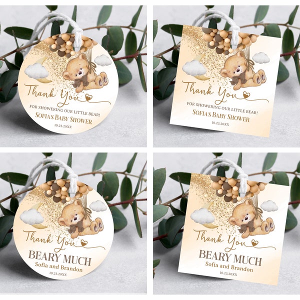 Editable Bear Baby Shower Favors Tags Circle, Bear Baby Shower Favors Tags Bear with Balloons Decor Gold Thank You Gift Tags Brown and Cream