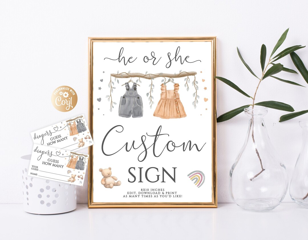Editable Custom Sign He or She, Baby Clothes Watercolor Decor, Greenery ...