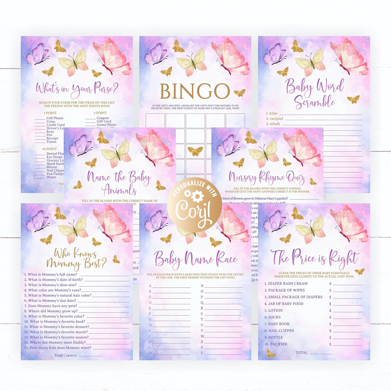 Butterfly Baby Shower Game Package Watercolor Pink 8 Etsy