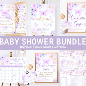 Ensemble papillon modifiable pour baby shower, fleurs roses violettes, Baby Shower Bundle, papillon pourpre rose baby shower, réponses incluses