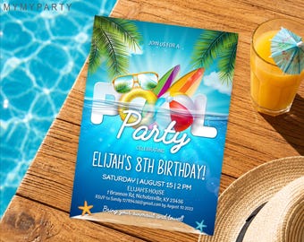 Pool Party Invitation Boy, Summer Birthday Swimming Template, Editable School Bash Invite, Splash Card, Personalized Digital Download