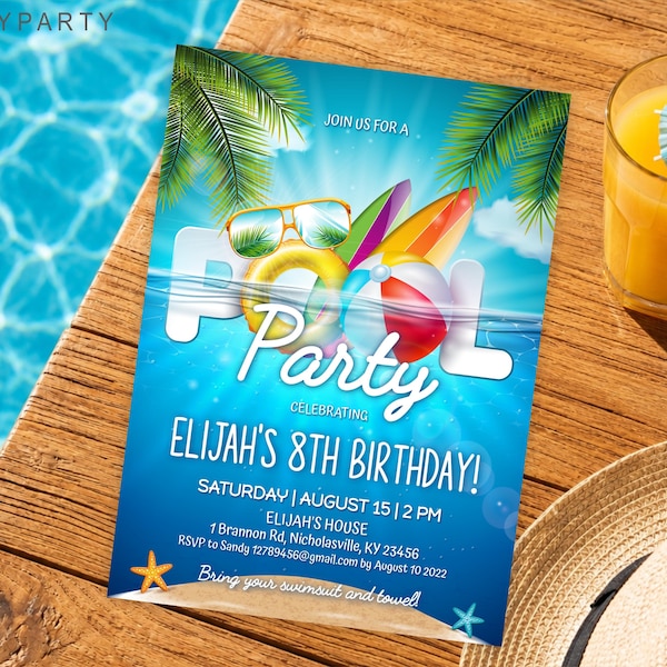 Pool Party Invitation, Boy Summer Birthday, Editable Splash Invite (Digital Download)