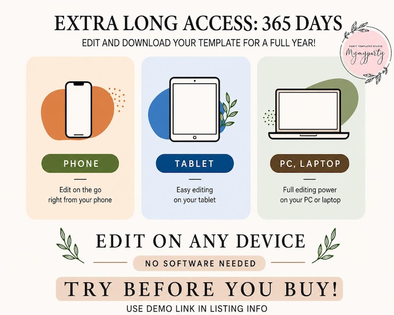 Infographics explaining the 365-day extra-long access to edit the template on phones, tablets, or laptops.