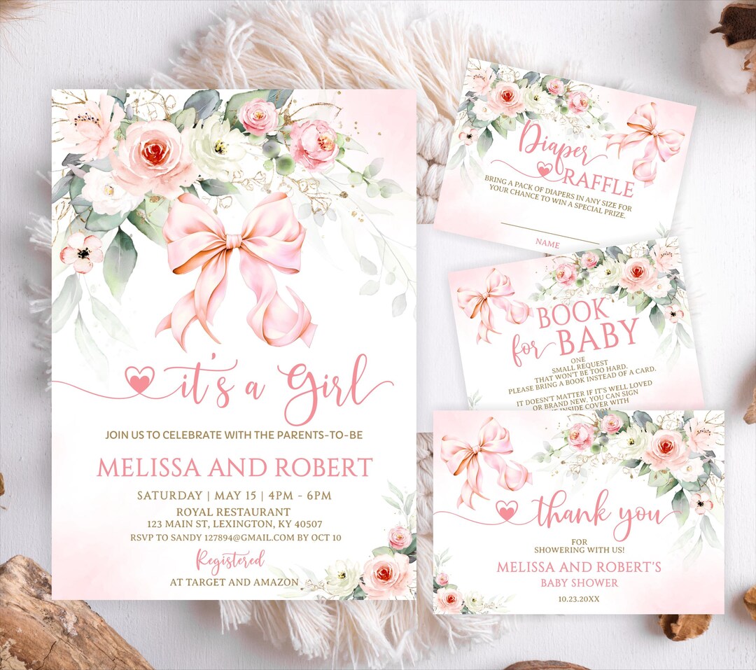 Bow Pink Roses Baby Shower Set Editable Pink Girl Bow Rose White ...