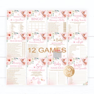 Oh Deer Girl Babypartyspiele Paket, 10 druckbare Reh Rauch Babyparty Spiel Party Pack Greenery Pink Rosen Gold Blumen Aquarell