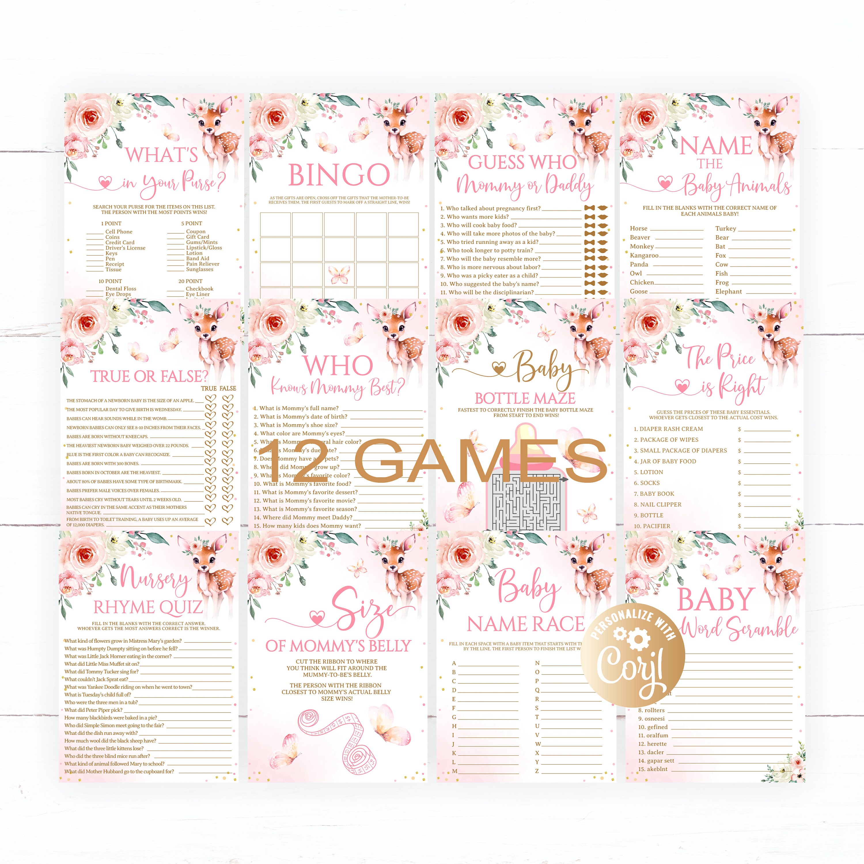 Oh Deer Girl Baby Shower Games Package, 10 Printable Deer Smoke Baby Shower Game Party Pack Greenery Pink Roses Gold Floral Watercolor