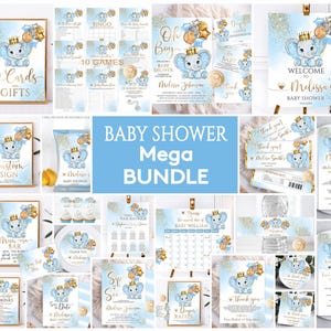 Puede incluir: Un paquete de imprimibles para baby shower azul y dorado con un elefante con corona y globos. El paquete incluye invitaciones, tarjetas de agradecimiento, juegos y otras decoraciones.