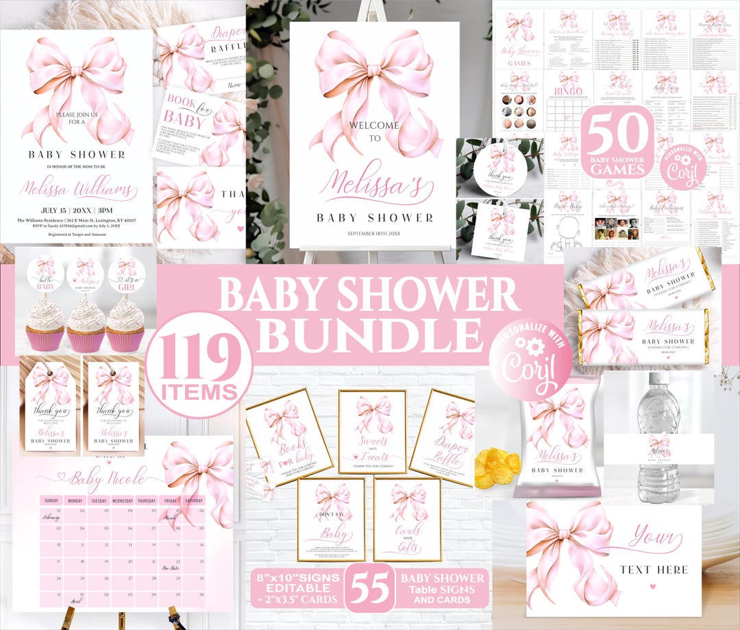 Editable Pink Bow Baby Shower Bundle, Blush Pink Bow Coquette Baby