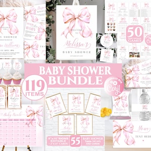 May include: A pink and gold baby shower bundle with 119 items, including signs, cards, and decorations. The bundle features a watercolor bow design with a gold ribbon. The text "Baby Shower Bundle" and "119 Items" are displayed in a pink and white font.