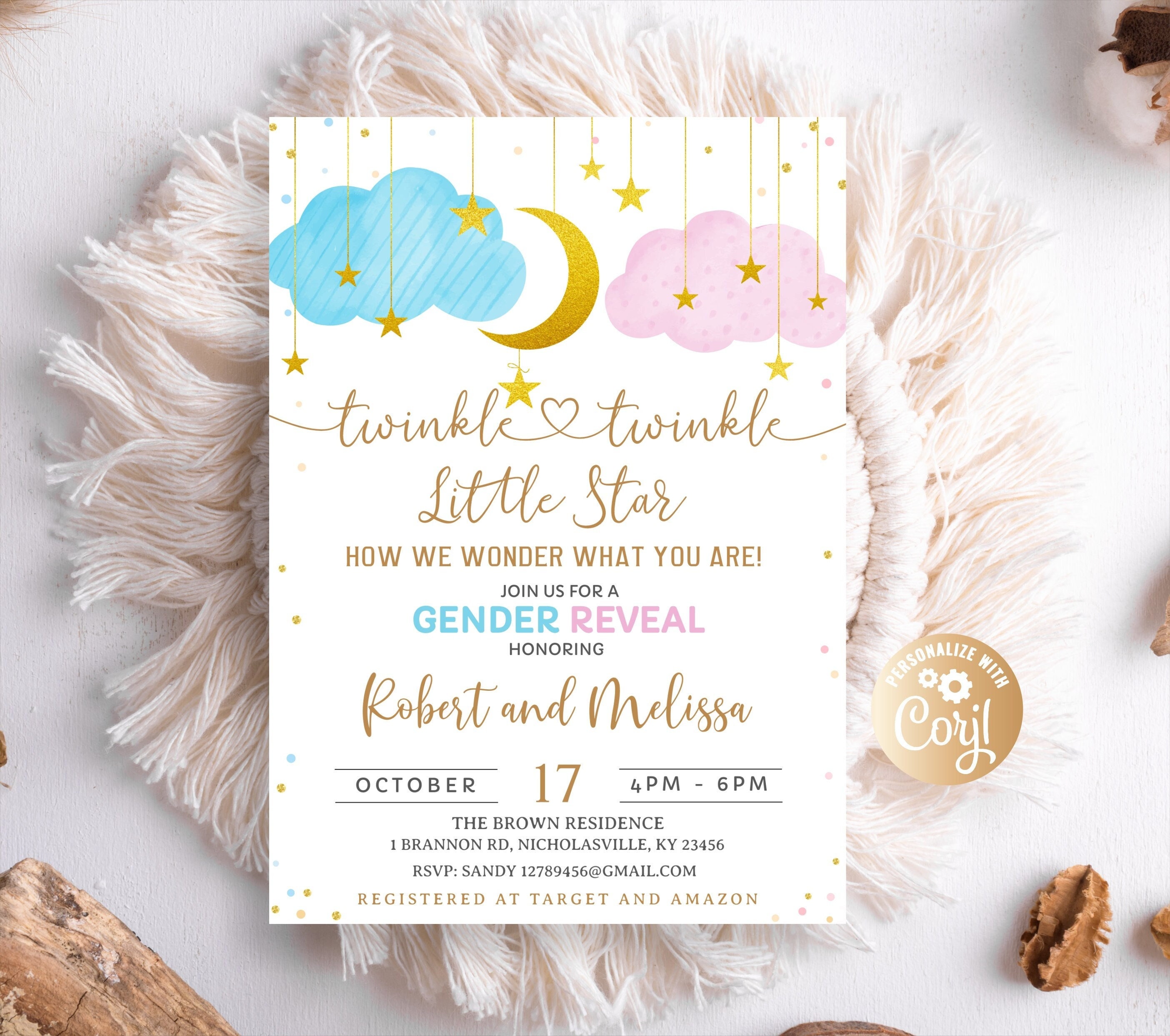 Gender Reveal Baby Shower Pink or Blue, Blank Invitations with