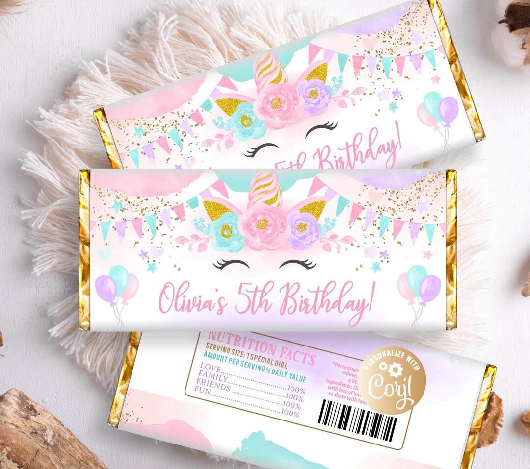 Editable Unicorn Birthday Chocolate Wrapper, Printable Unicorn Pink ...