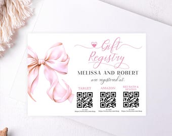 Tarjeta de registro de regalos con lazo rosa editable, tarjeta de registro de regalos para baby shower con lazo rosa ruborizado imprimible, tarjeta de registro de regalos con lazo rosa
