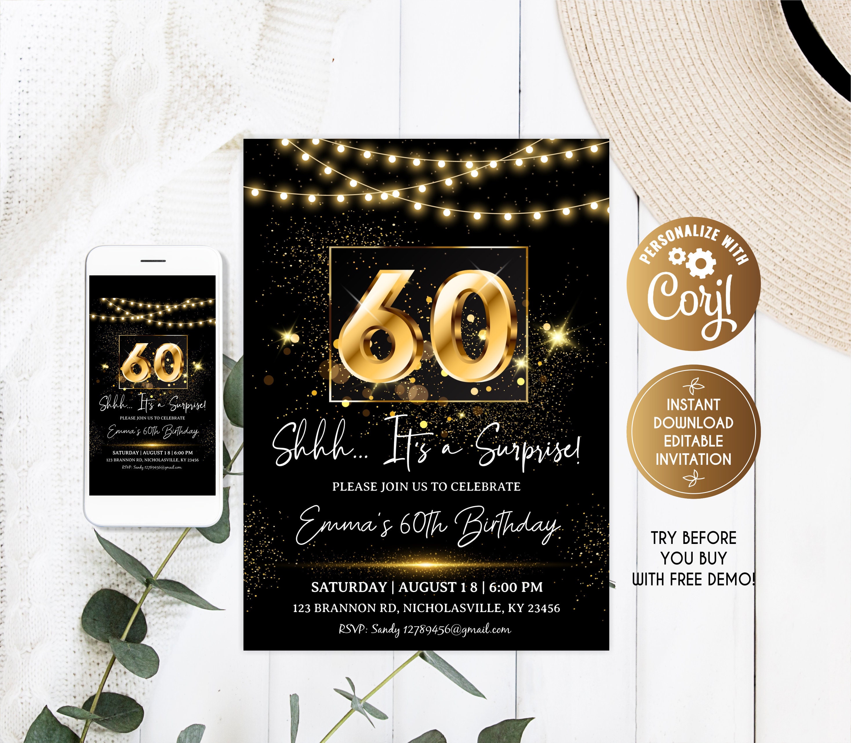 60th Birthday Invitation Editable for Woman Gold & Dark - Etsy