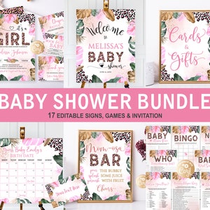 Editable Leopard Baby Shower Bundle, Baby Shower Bundle, Jungle Safari Baby Shower Invitation for Girl Set, Pink Gold Leopard Baby Shower