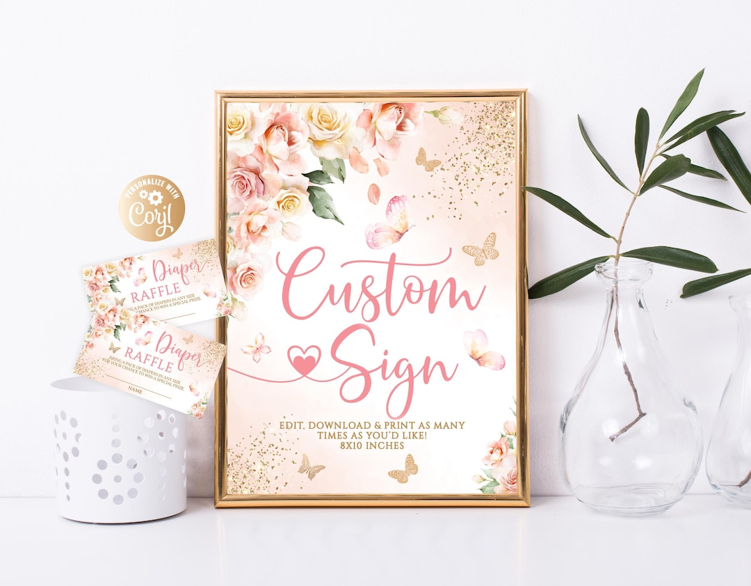 Editable Girl Pink Roses Boho Custom Sign, Girl Boho Butterfly Floral ...