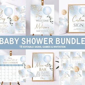 Editable Oh Boy Blue Balloon Greenery Baby Shower Bundle, Greenery Oh Boy Baby Shower Bundle, Baby Shower for Boy Watercolor Balloons Bundle