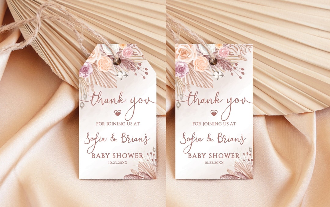 Editable Boho Thank You Tags, Pampas Grass Baby Shower Favor Tag ...