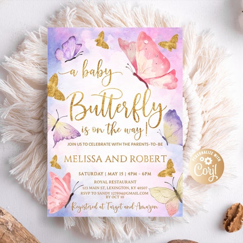 Rose Gold Butterfly Baby Shower Invitation Girl Printable Etsy