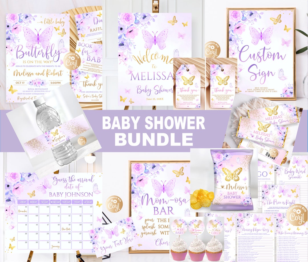 Editable Butterfly Baby Shower Bundle Set Purple Pink Rose Flowers ...