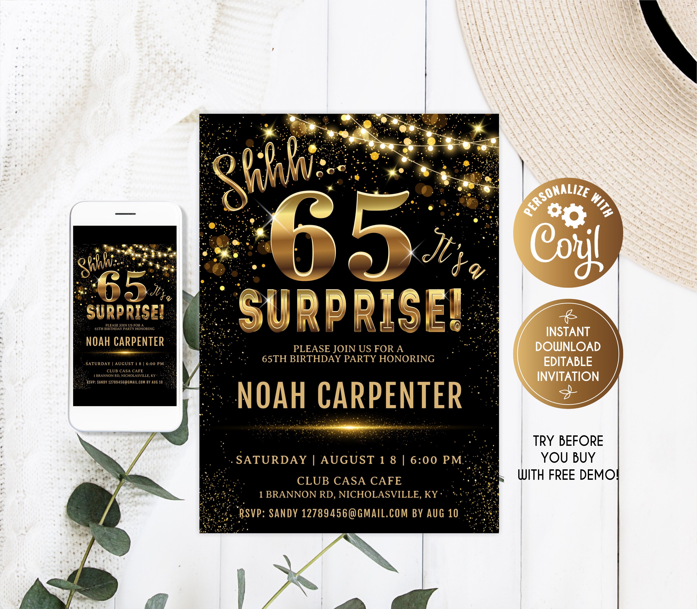 Shhh It's a Surprise 60th Birthday Invitation , 65th Birthday