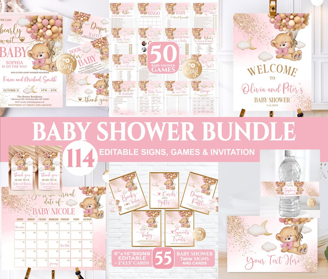 Editable Bear Girl Pink Baby Shower Bundle, Baby Shower Bundle, Bear ...