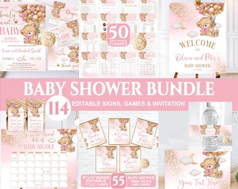 Editable Bear Girl Pink Baby Shower Bundle, Baby Shower Bundle, Bear Pink Gold Baby Shower Invitation for Girl Set Bear with Balloons Bundle