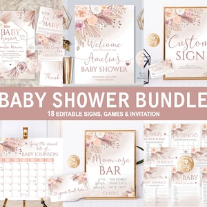 Bearbeitbares Boho-Babyparty-Bundle-Set, Babyparty-Bundle Boho, Boho-Babyparty-Einladungsset, rosa Boho-Babyparty-Bundle-Set
