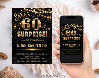 Surprise 60th Birthday Invitation, Editable Template, Elegant Gold