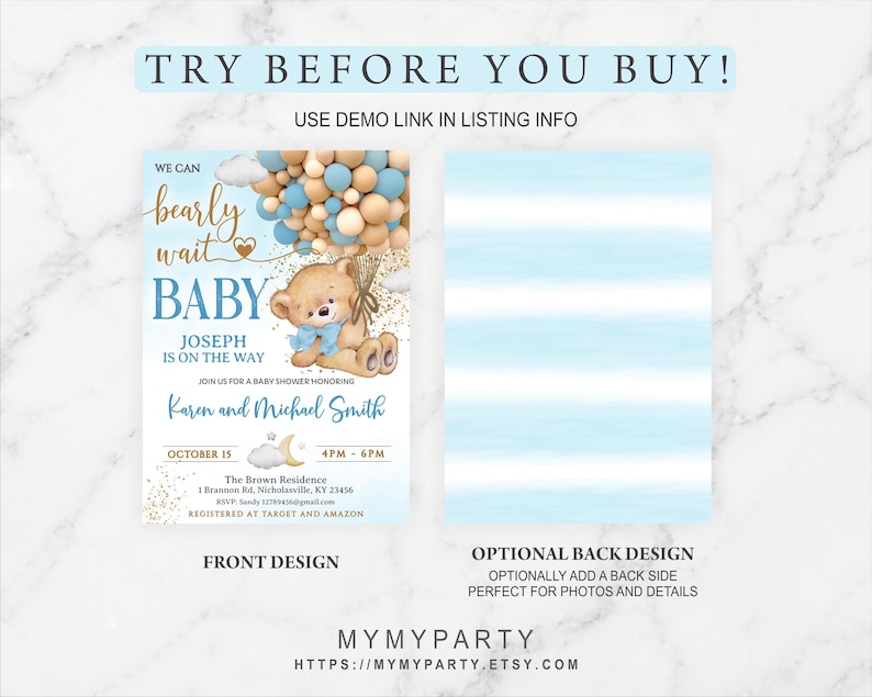 Instructional image with a "Try Before You Buy" banner and a preview of the fillable text fields.