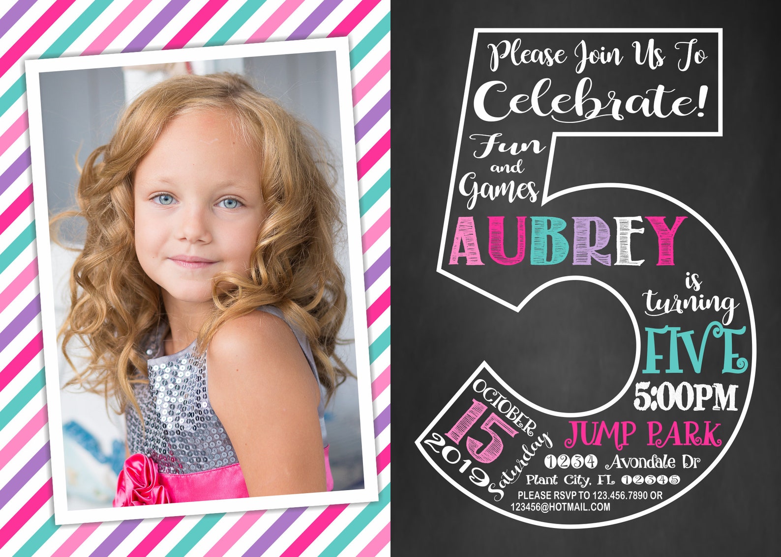 5th Birthday Invitation Girl Сhalkboard Fifth Birthday | Etsy