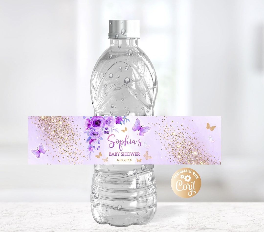 Editable Butterfly Bottle Label Baby Shower Roses Purple, Butterfly ...