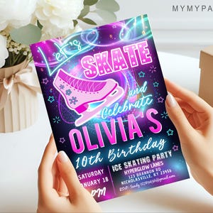 Modello di invito di compleanno modificabile per pattinaggio sul ghiaccio, invito per festa di compleanno per ragazze "Pattina e festeggia", articoli di cancelleria invernali, download digitale stampabile