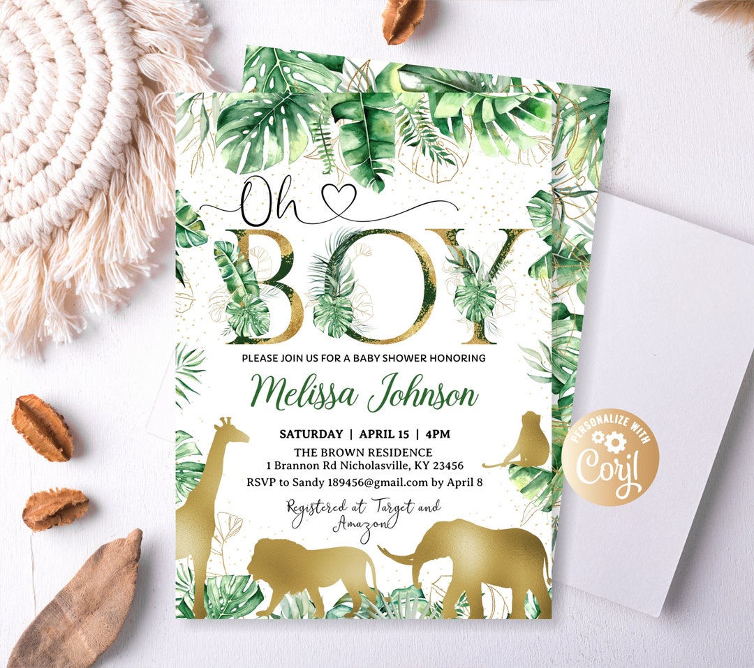 Safari Baby Shower Boy Invitation, Oh Boy, Jungle Greenery Template